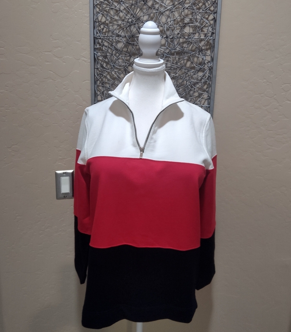 Lauren Jeans Co. Colorblock Quarter-Zip Pullover Sweatshirt in White/Red/Black